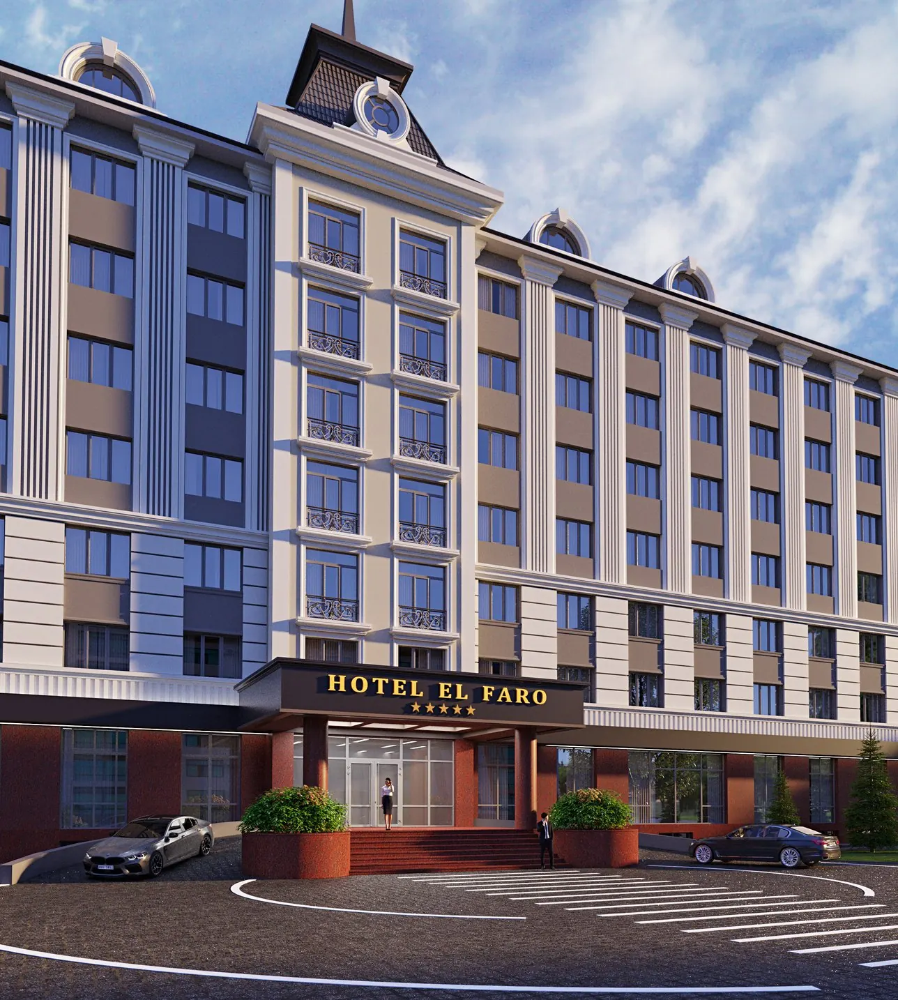 El Faro Hotel & Spa — Full architectural facade perspective view of Hotel El Faro showing multi-story guestroom wings and porte-cochere
