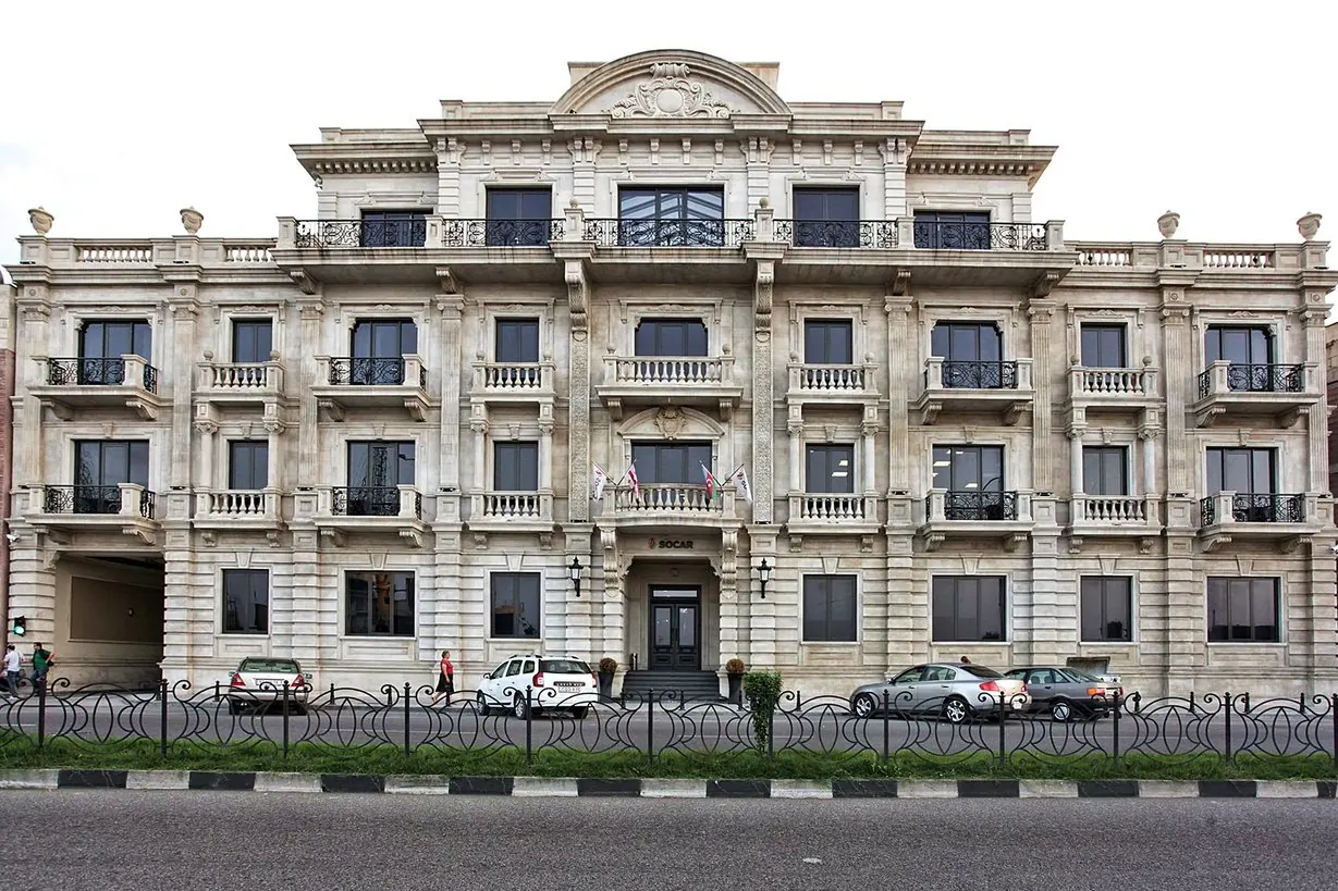 SOCAR Georgia Office — Front architectural perspective showing corporate glazed facade, canopy, and entrance