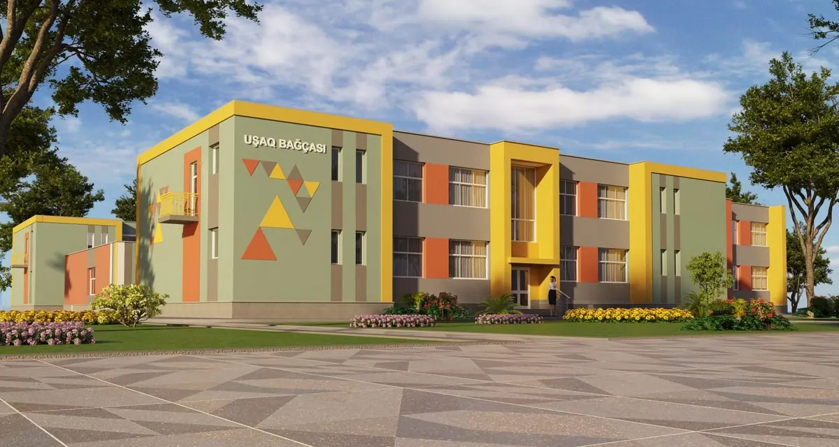 Kindergarten Baku — Modern educational facade featuring vibrant dynamic geometric color accents and framed window openings