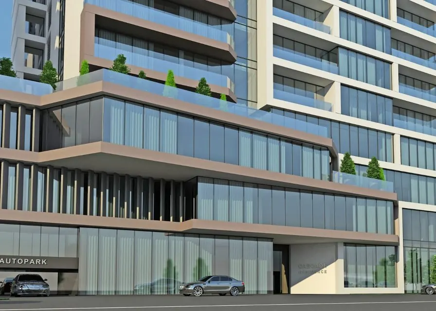 Cascade Residence — Ground level architectural podium and courtyard entry on Mikayil Huseynov Avenue