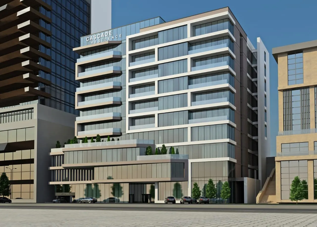 Cascade Residence — Full-height view of the landmark Cascade Residence residential tower showcasing stepped facade tiers