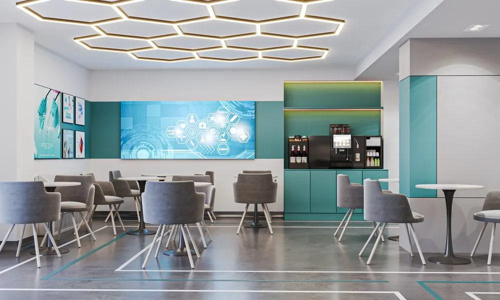 Eurasia Clinique — Clean medical corridor with bespoke acoustic wood paneling, indirect LED coves, and numbered treatment suites