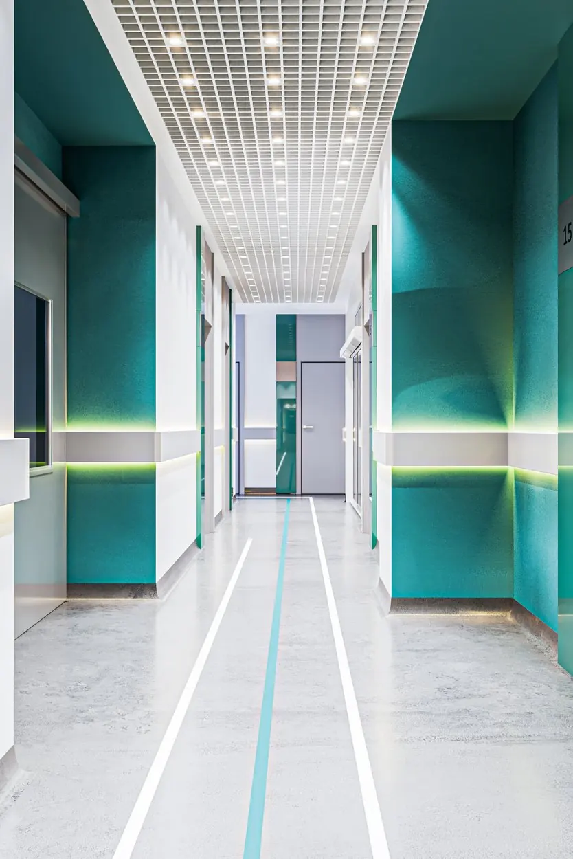 Eurasia Clinique — Grand multi-level medical clinic reception atrium and main lobby with suspended architectural chandelier