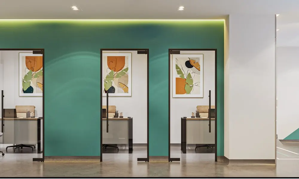 Eurasia Clinique — Warm patient waiting area with biophilic planters, curved furniture, and soothing neutral palette
