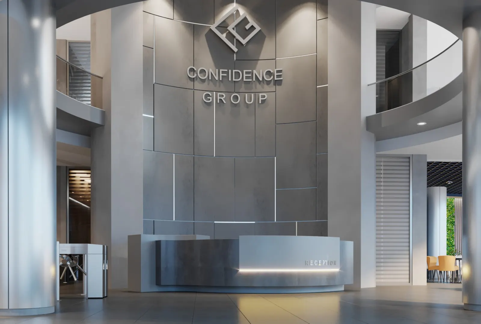Confidence Group — Business Center Interior — Confidence Group corporate headquarters reception desk, company logo wall, and visitor waiting lounge