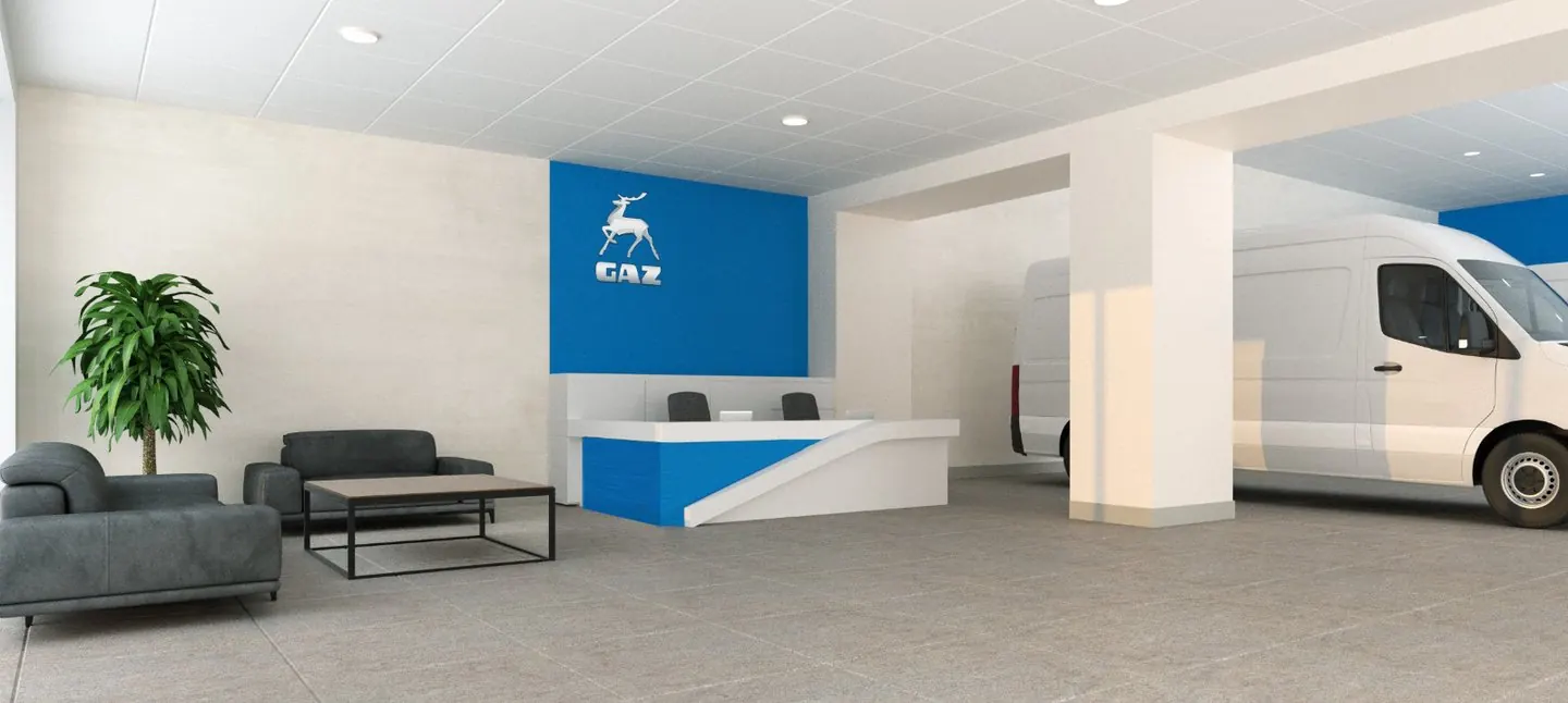 GAZ Motor Show 2024 — Automotive showroom exterior perspective with sleek modern glass facade and corporate branding