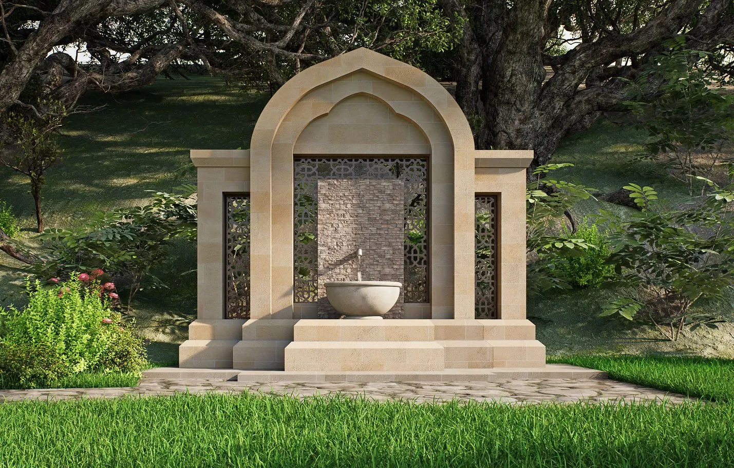 Baharli District Spring Area — Stone pedestrian bridge and water stream traversing the landscaped park grounds