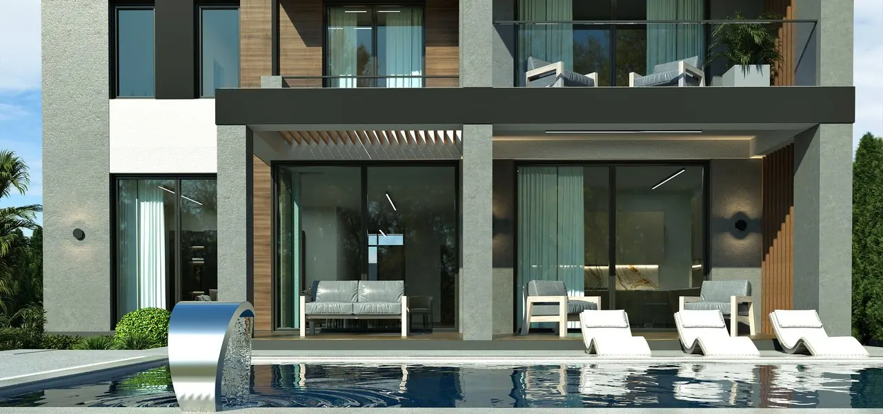 Private Villa Collection — Part 1: Modern Minimalist — Landscaped private courtyard with seamless indoor-outdoor transition and paved walkways