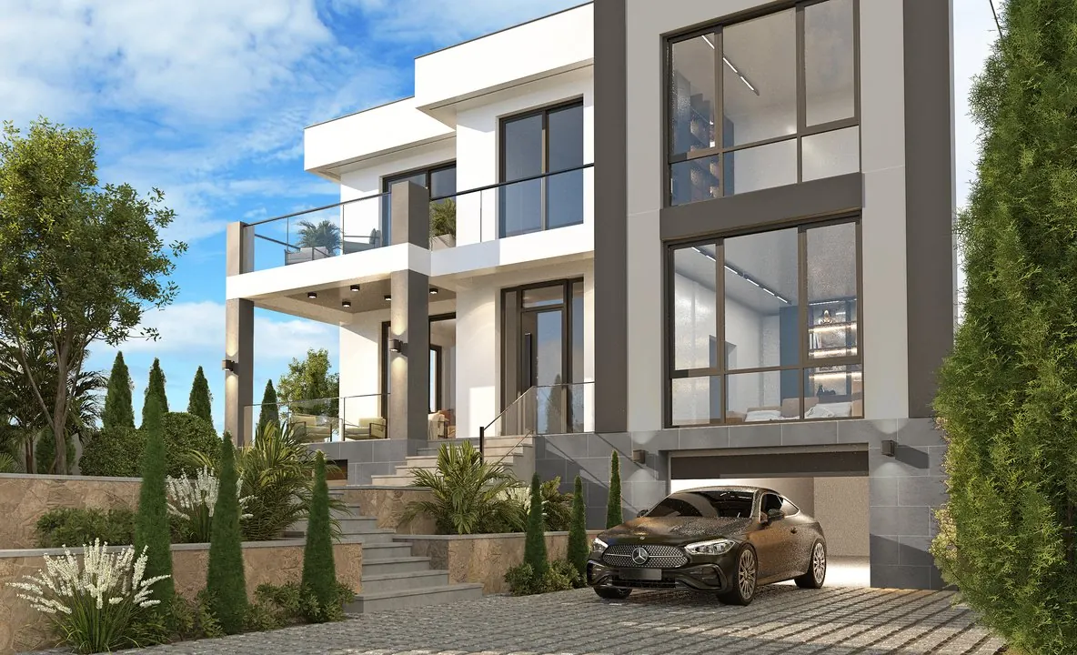 Private Villa Collection — Part 1: Modern Minimalist — Dusk perspective of luxury estate with recessed exterior lighting and poolside deck