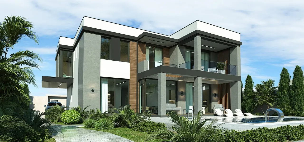 Private Villa Collection — Part 1: Modern Minimalist — Contemporary two-story geometric villa with cantilevered balconies and floor-to-ceiling glass