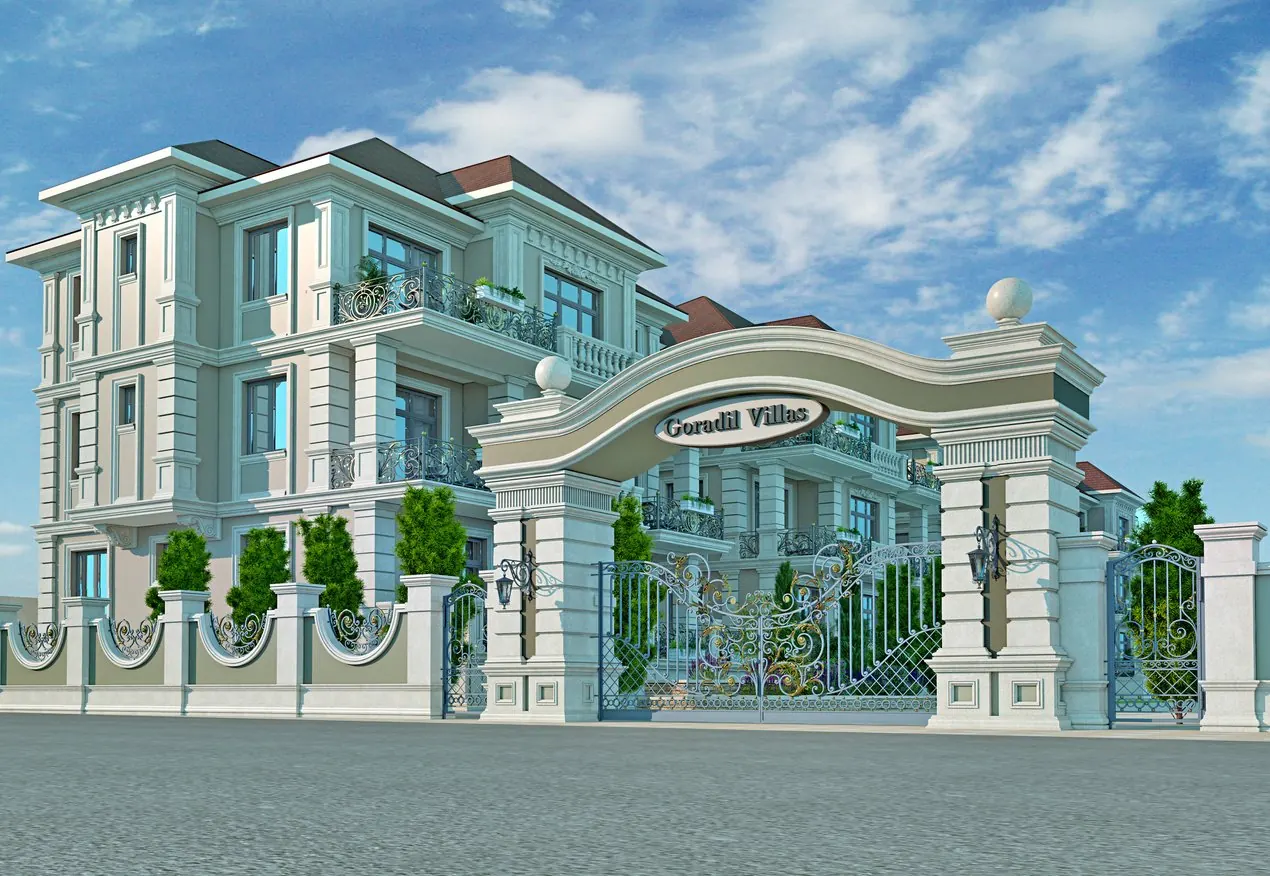 Private Villa Collection — Part 2: Palatial Estates & Goradil — Grand ornamental arched entrance gate and palatial facade of Goradil Villas complex