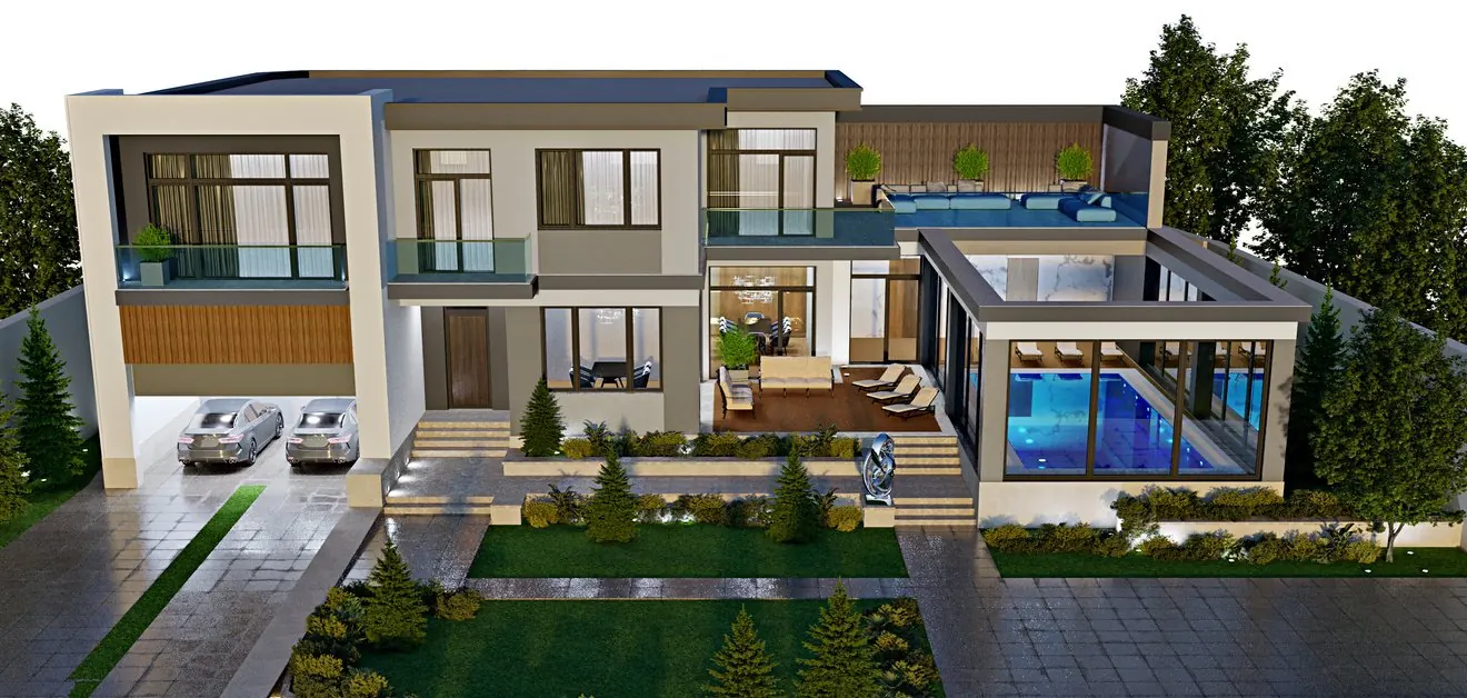 Private Villa Collection — Part 2: Palatial Estates & Goradil — High-luxury contemporary villa featuring glazed pool pavilion, upper deck, and integrated garage