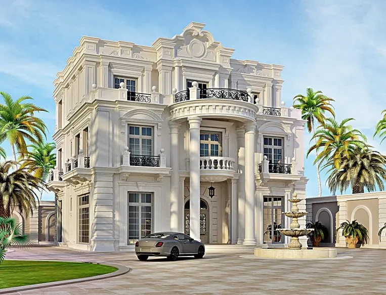 Private Villa Collection — Part 2: Palatial Estates & Goradil — Monumental neoclassical palatial mansion with circular fountain and Corinthian colonnade