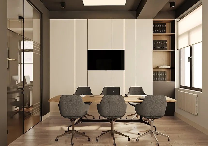 Office Interior Design — Director's office featuring private meeting niche and minimalist storage units