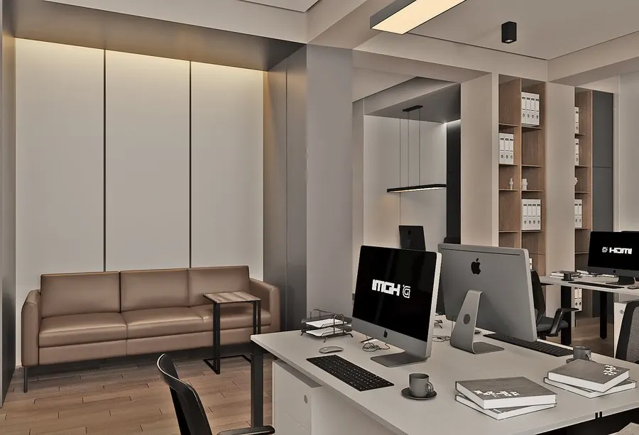 Office Interior Design — Management office suite with natural wood finishes and panoramic window view